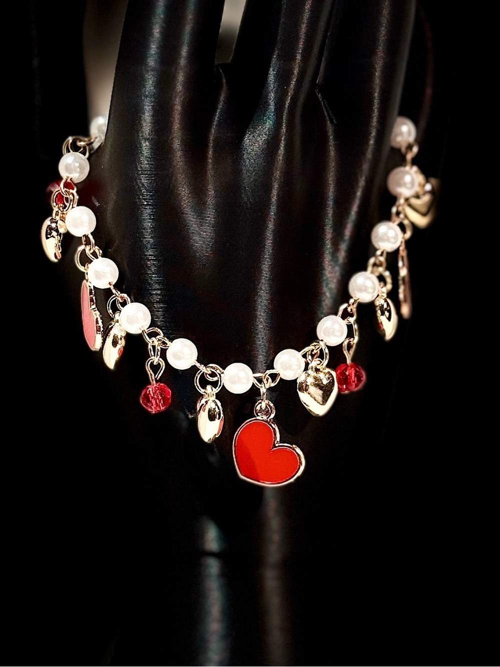 Gold-Tone Red Heart Charm Bracelet with Pearls